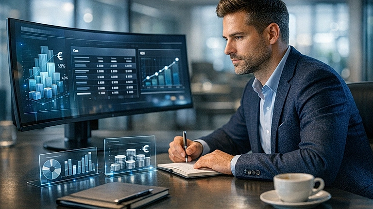 KI Kosten Unternehmen, Business-Professioneller analysiert KI-Budget am modernen Arbeitsplatz