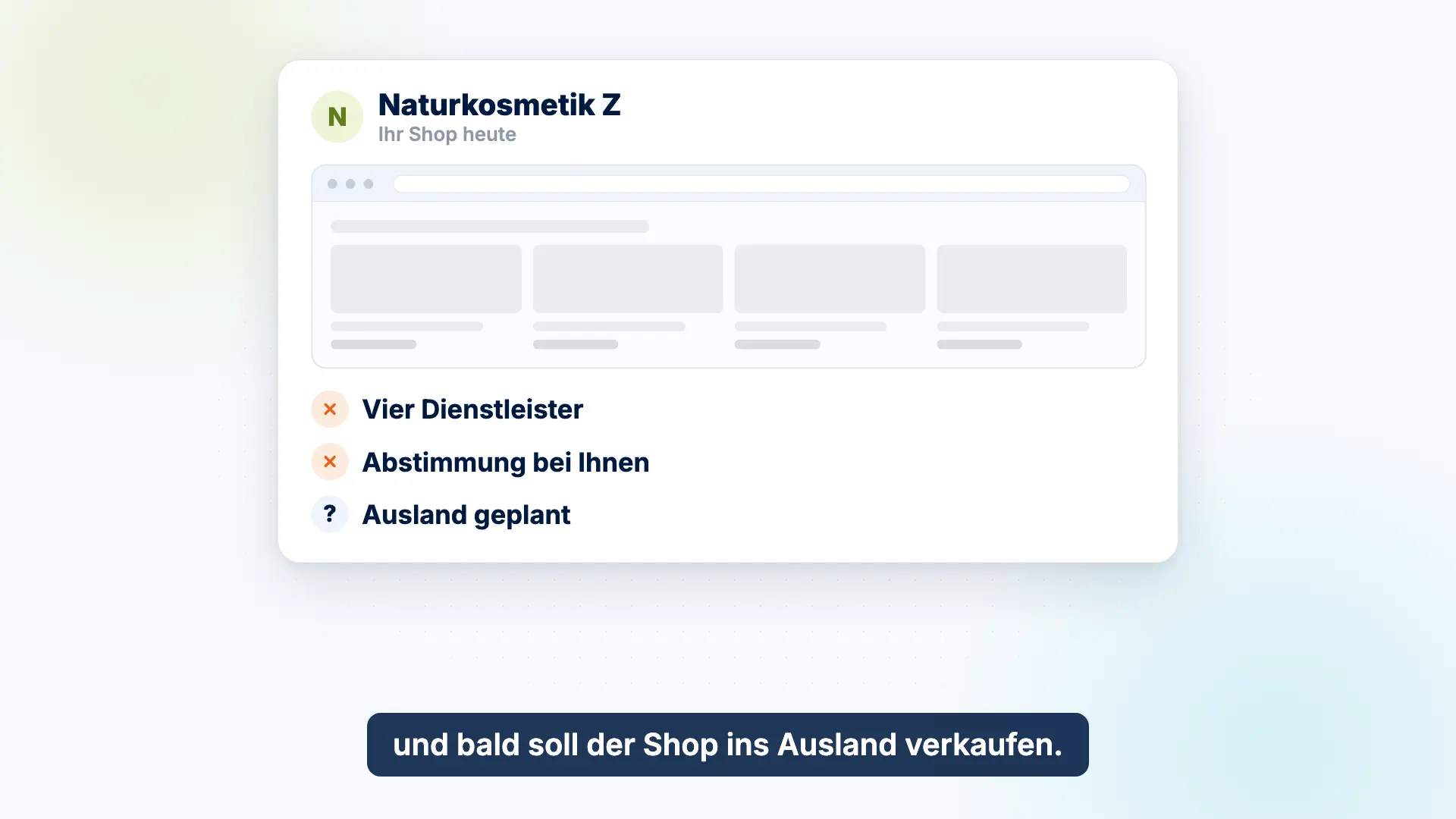 Vorschau des Erklärvideos: Eine Beispiel-Naturkosmetik-Marke hat für Design, Technik, SEO und Werbung je einen eigenen Dienstleister und will ins Ausland verkaufen.